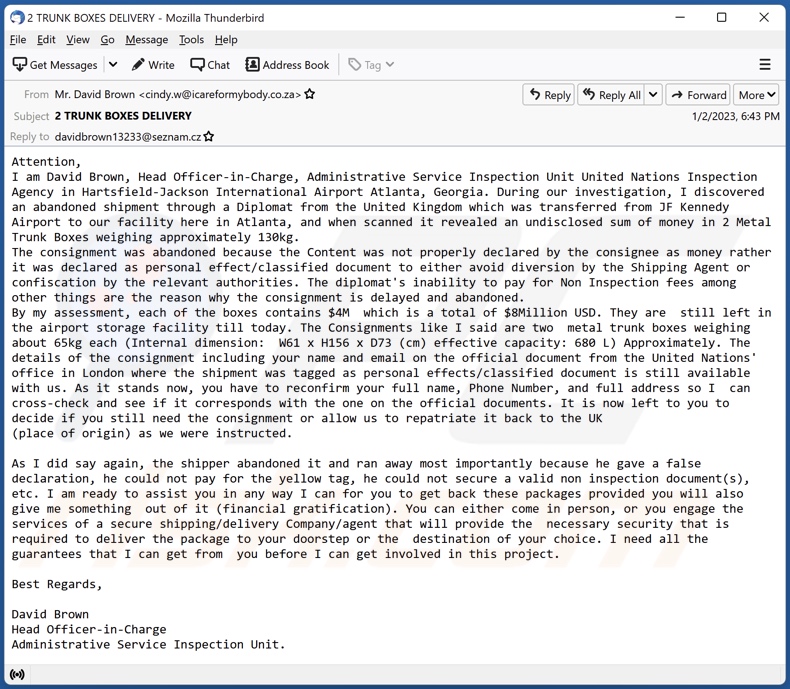 United Nations - Abandoned Shipment email spam campaign