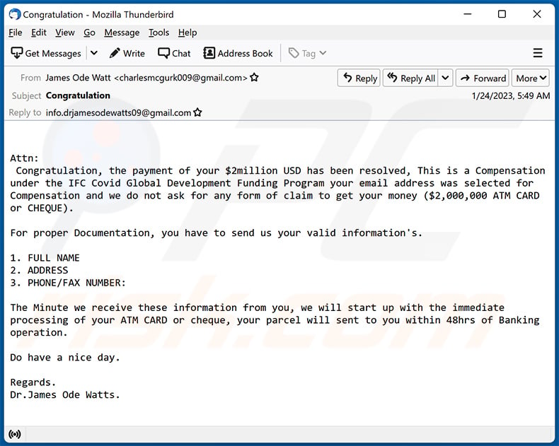 Covid Global Development Funding Program email scam