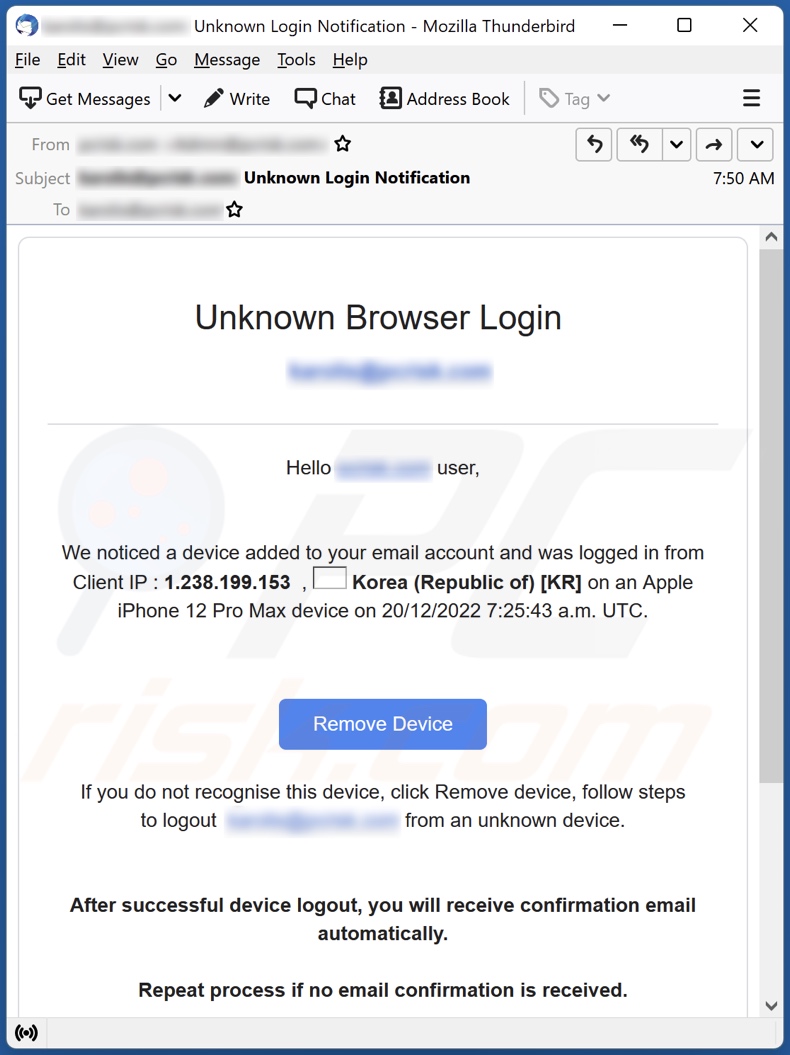 Unknown Browser Login email spam campaign