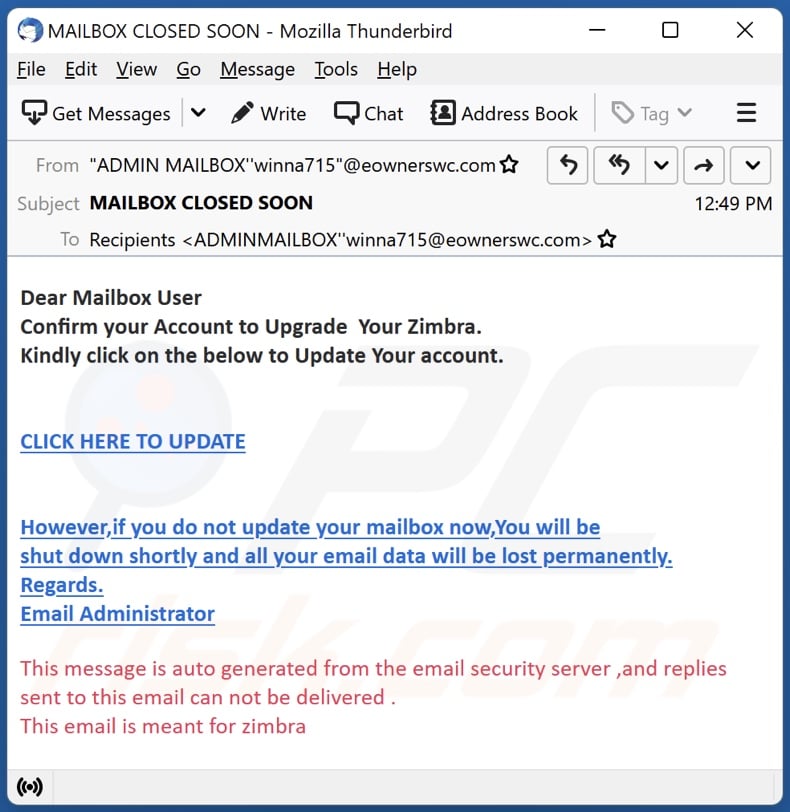 Upgrade Zimbra Account email spam campaign
