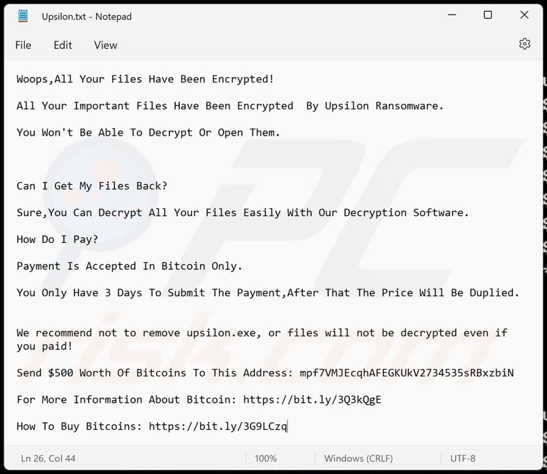 Upsilon ransomware ransom note (Upsilon.txt)