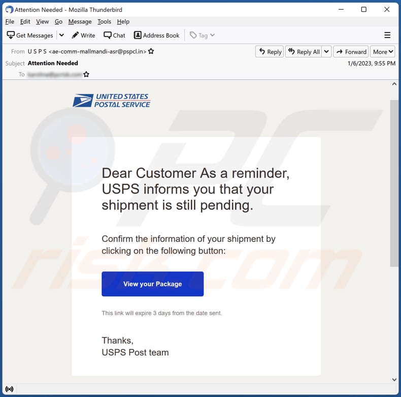 USPS - Shipment Is Still Pending scam email