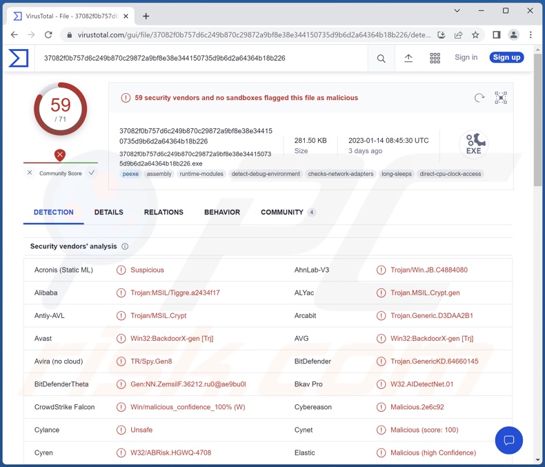 Vagus malware detections on VirusTotal