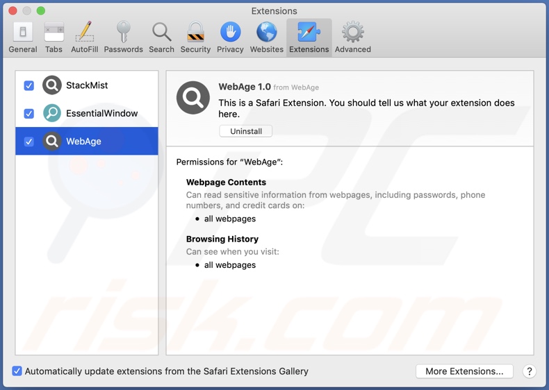 WebAge adware installed on Safari
