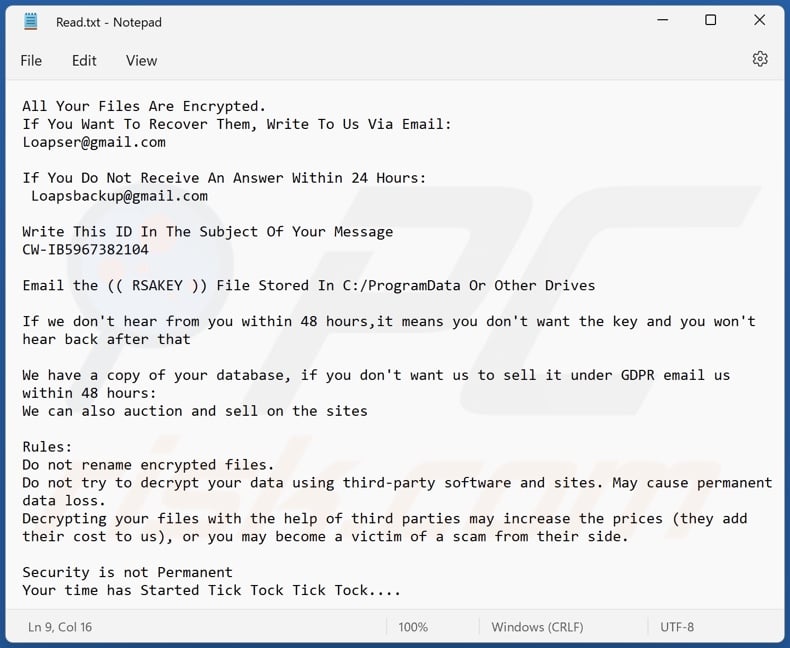 Winner ransomware ransom note (Read.txt)