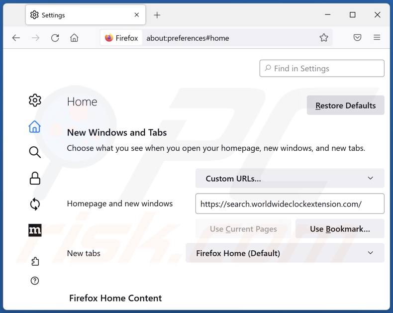 Removing search.worldwideclockextension.com from Mozilla Firefox homepage