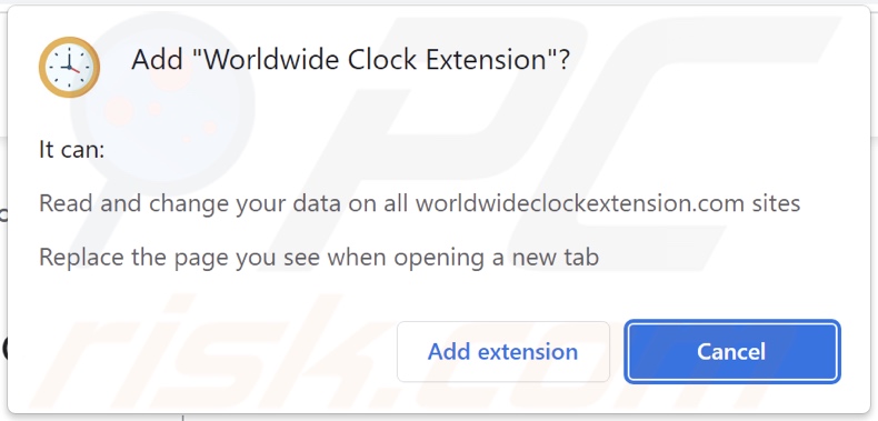 Worldwide Clock Extension browser hijacker asking for permissions