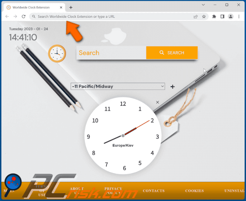 Worldwide Clock Extension browser hijacker redirecting to Bing (GIF)