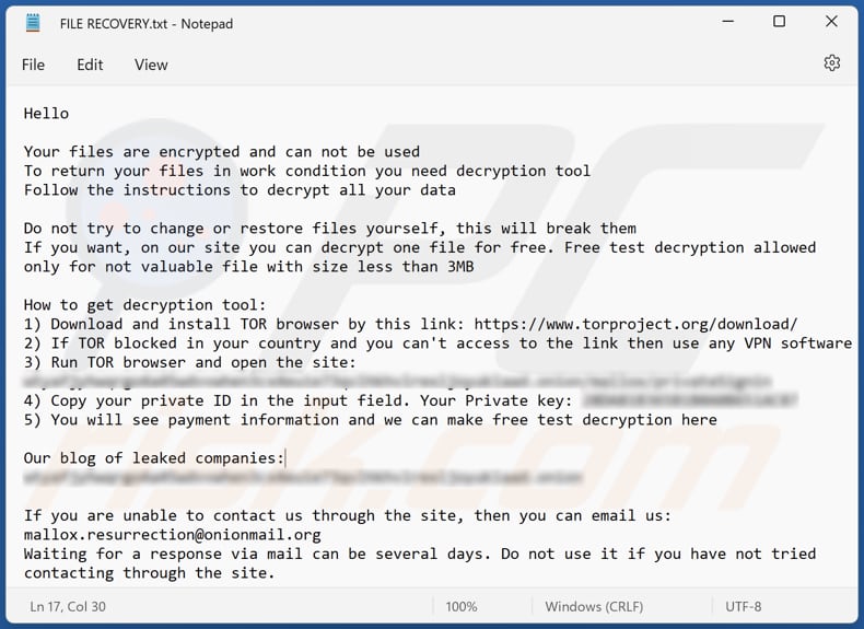 Xollam ransomware text file (FILE RECOVERY.txt)