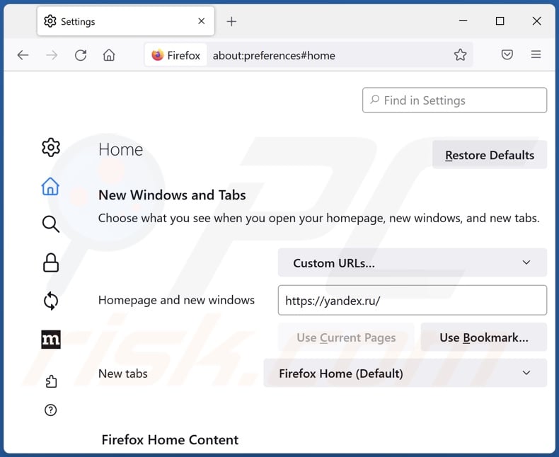 Removing yandex.ru from Mozilla Firefox homepage