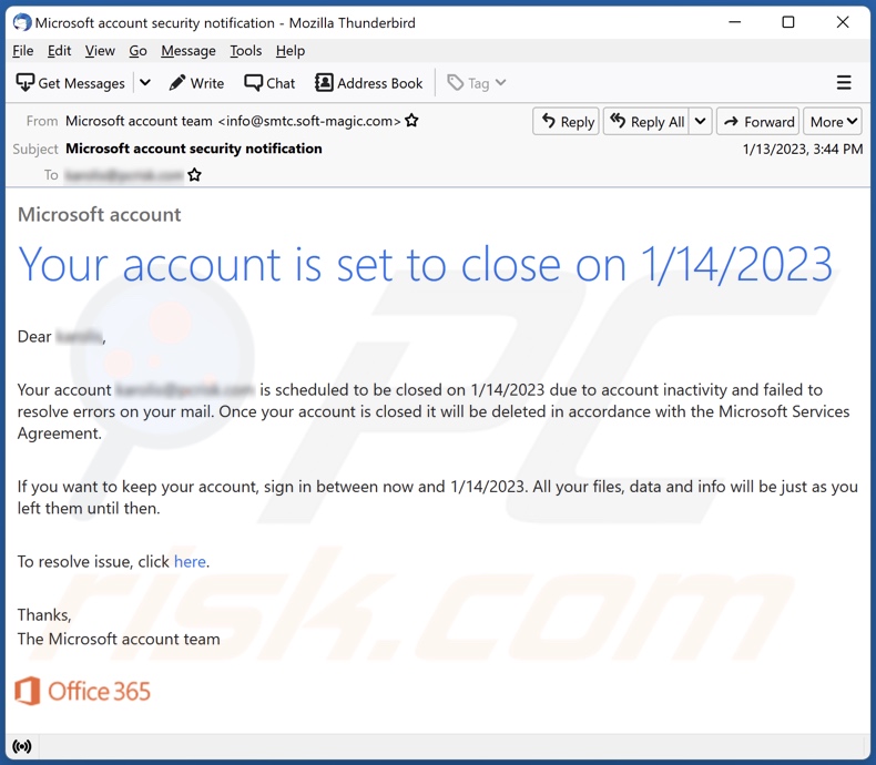 Your Account Is Set To Close email spam campaign