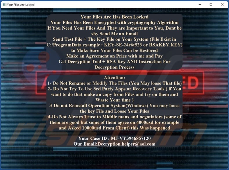 Zendaya ransomware ransom note (Decryption-Guide.HTA)