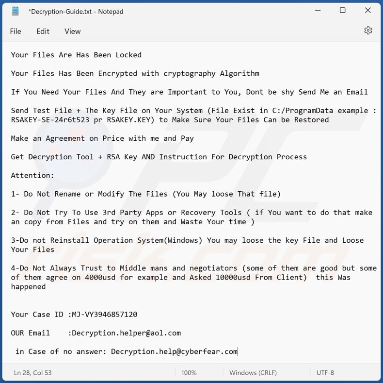Zendaya ransomware text file (Decryption-Guide.txt)