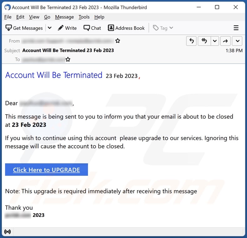 Account Will Be Terminated email spam campaign