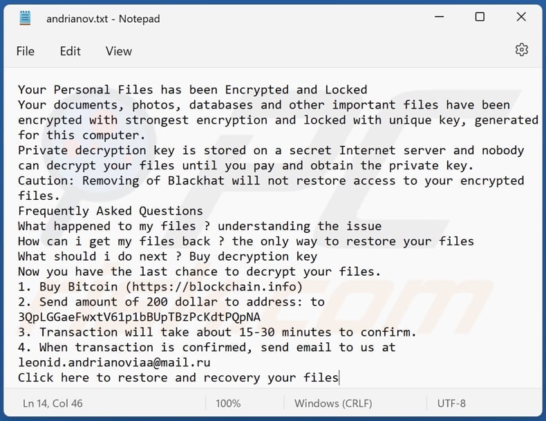 Adrianov ransomware text file (andrianov.txt)