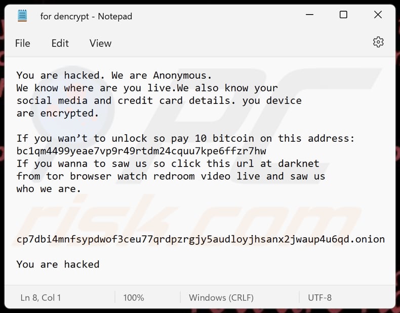 Anonymous ransomware text file (for dencrypt)
