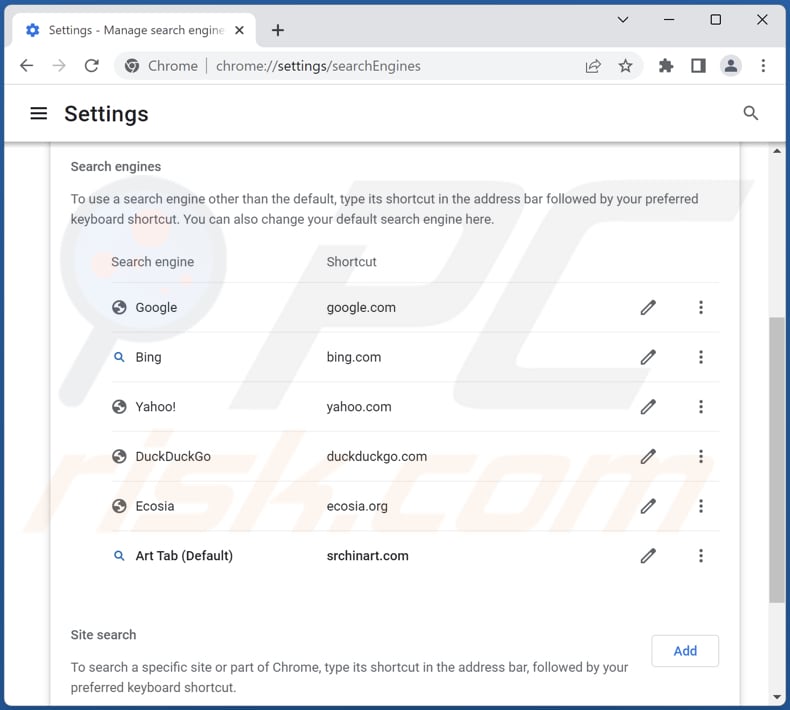 Removing srchinart.com from Google Chrome default search engine