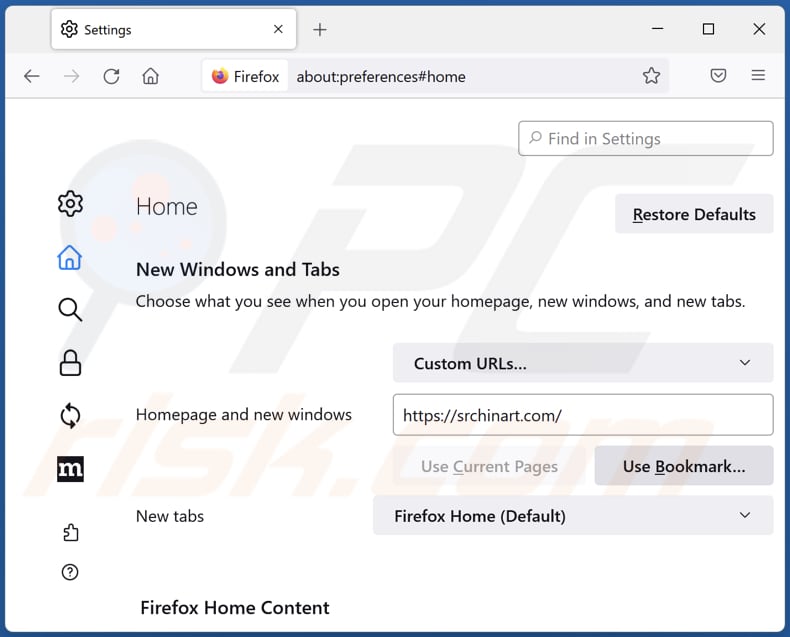 Removing srchinart.com from Mozilla Firefox homepage
