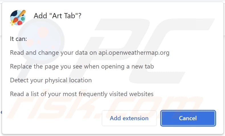 Art Tab browser hijacker asking for permissions