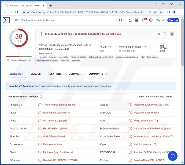 Atlantida malware detections on VirusTotal