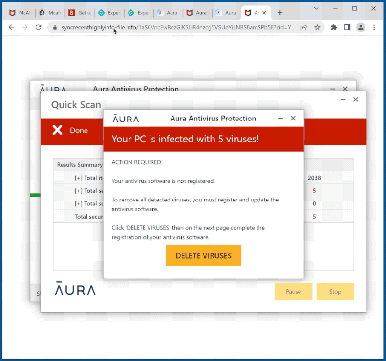 Appearance of Aura Antivirus Protection scam