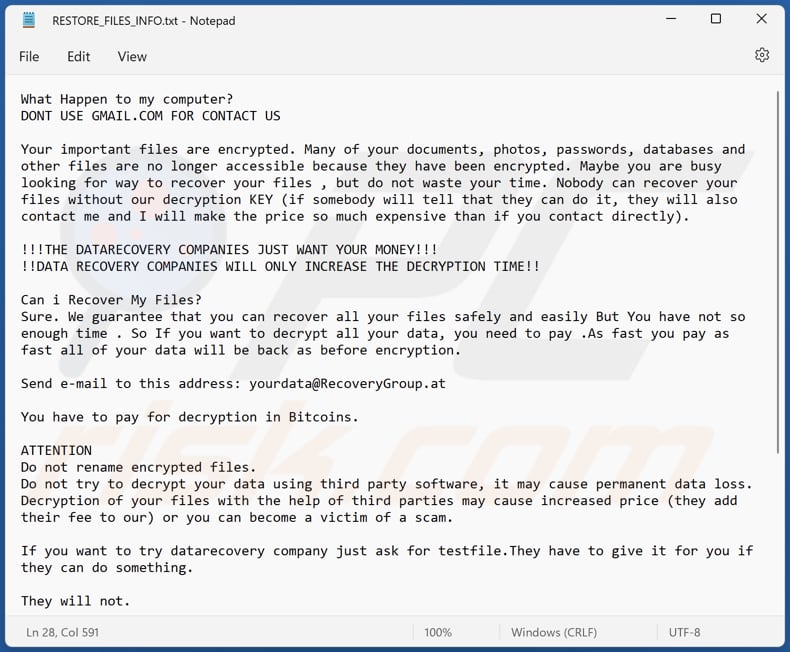 Auto ransomware ransom note in a text file (RESTORE_FILES_INFO.txt)