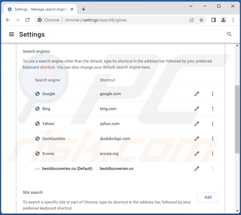 Removing bestdiscoveries.co from Google Chrome default search engine