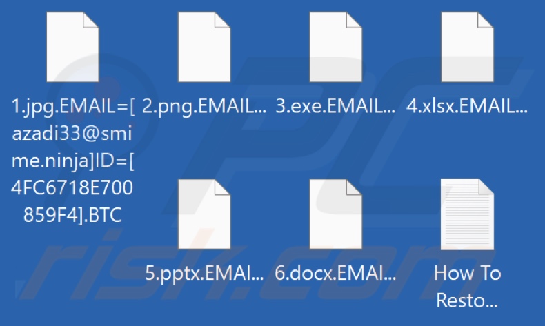 Files encrypted by BTC (Azadi) ransomware (.BTC extension)