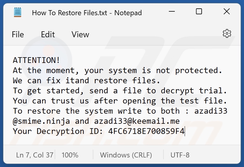 BTC (Azadi) ransomware ransom note (How To Restore Files.txt)