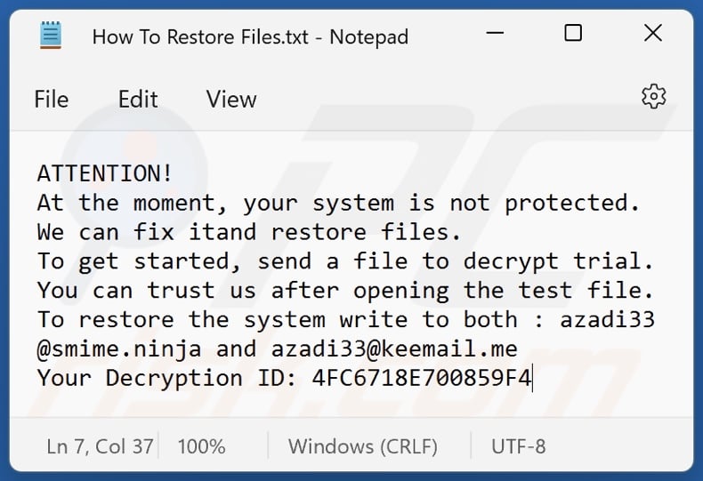BTC (Azadi) ransomware ransom note (How To Restore Files.txt)
