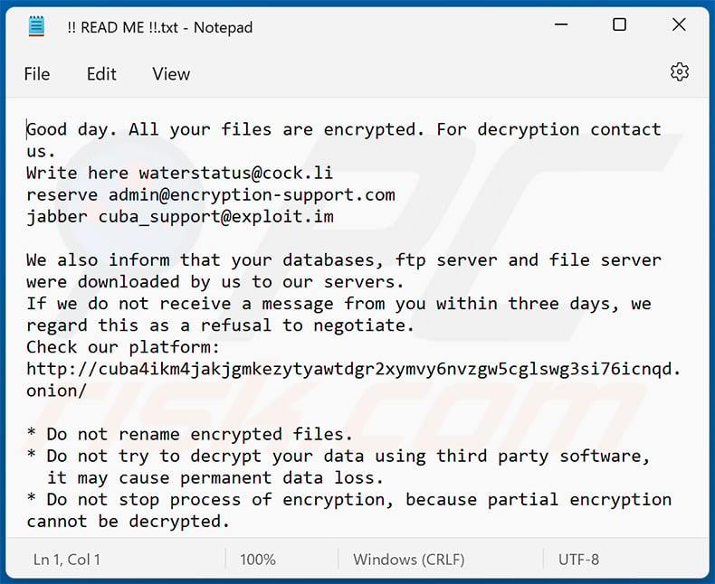 Cuba ransomware note - !! READ ME !!.txt