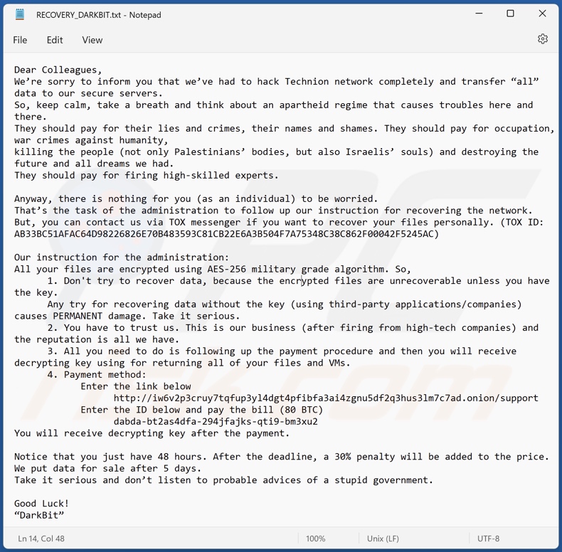 DarkBit ransomware ransom note (RECOVERY_DARKBIT.txt)
