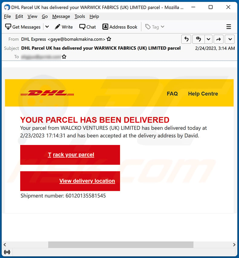 DHL - YOUR PARCEL HAS BEEN DELIVERED email scam