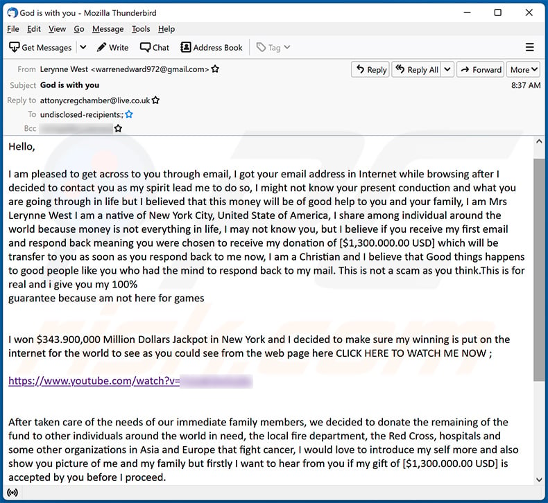 Donation From Lottery Winner email scam variant (2023-02-09)