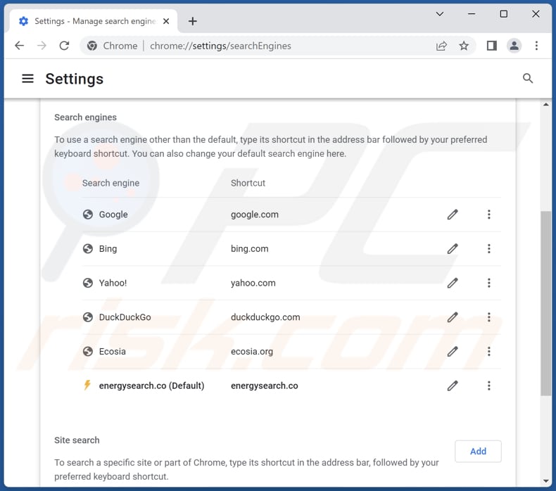 Removing energysearch.co from Google Chrome default search engine
