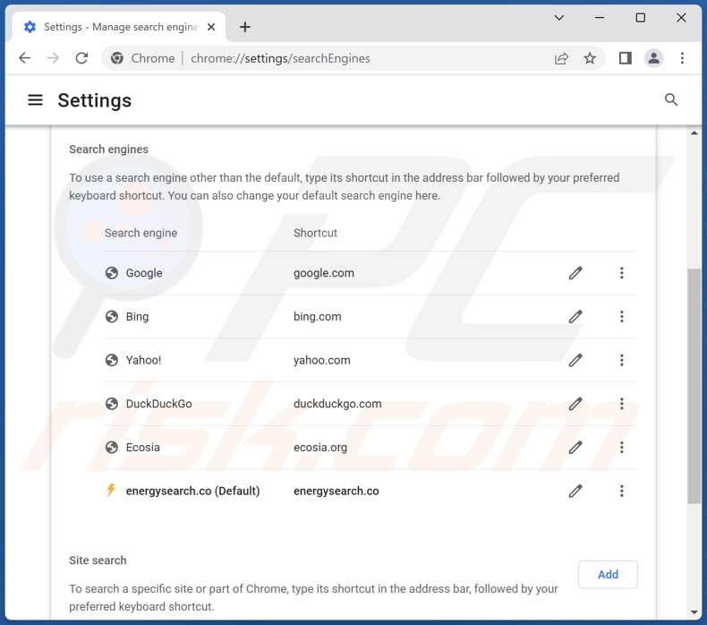 Removing energysearch.co from Google Chrome default search engine