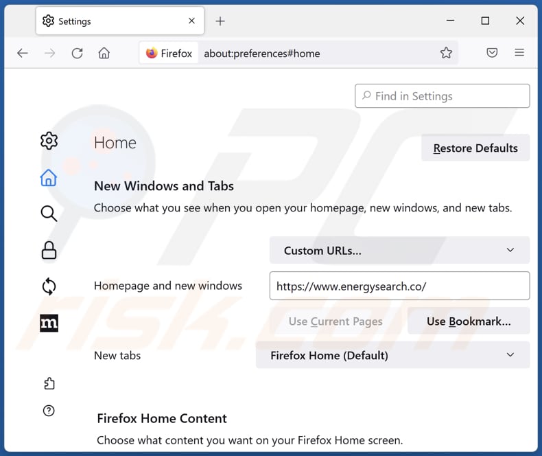 Removing energysearch.co from Mozilla Firefox homepage