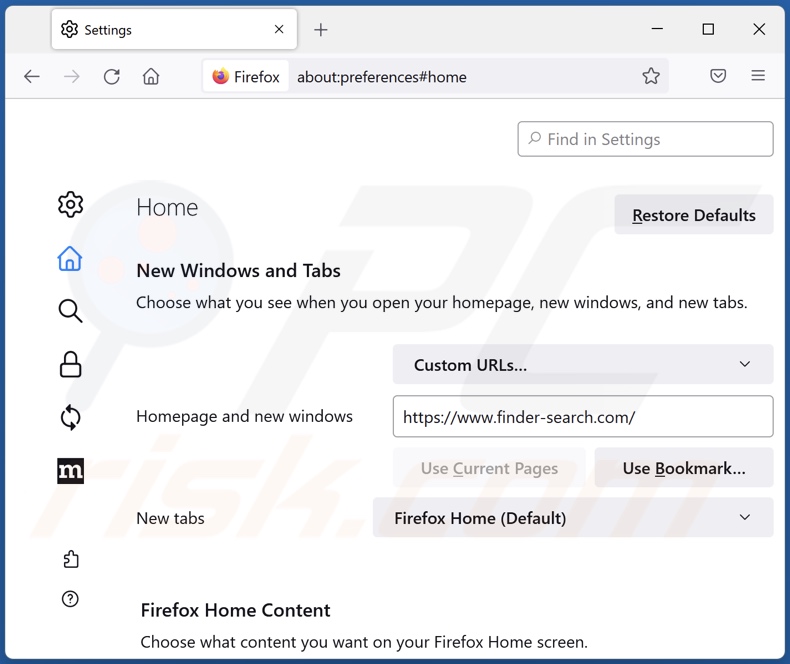 Removing finder-search.com from Mozilla Firefox homepage