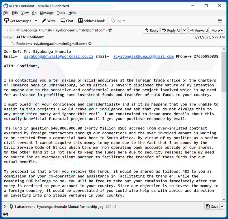 Fund Transfer Assistance email scam (2023-02-22 - sample 1)