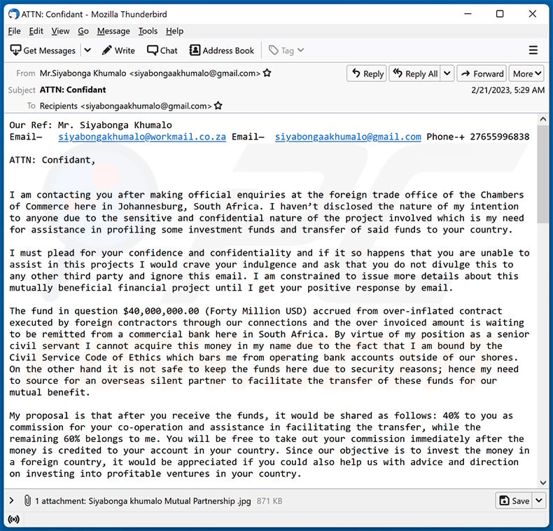 Fund Transfer Assistance email scam (2023-02-22 - sample 1)