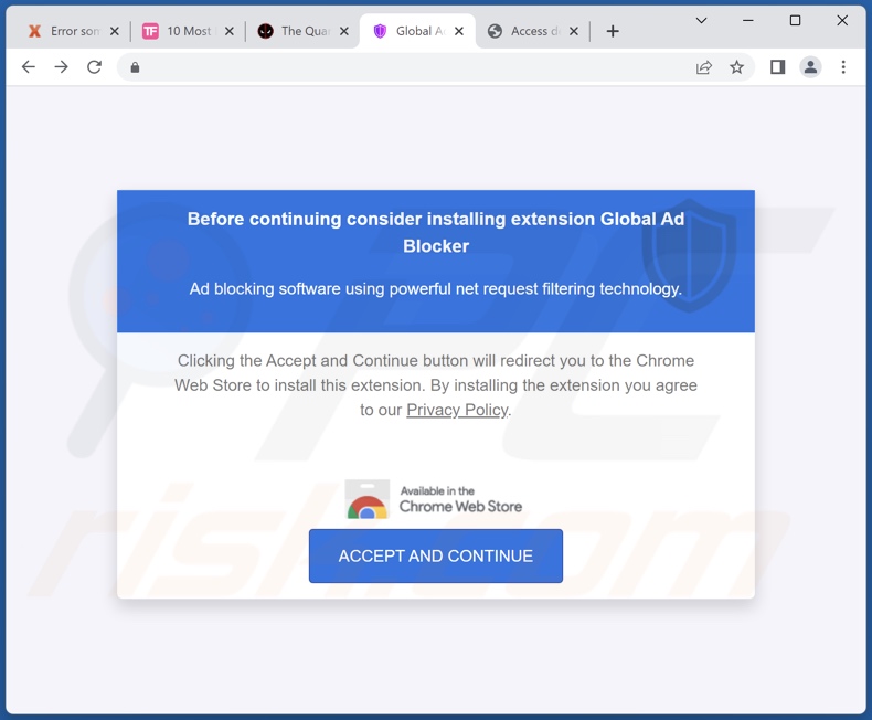 Deceptive website promoting Global Ad Blocker adware