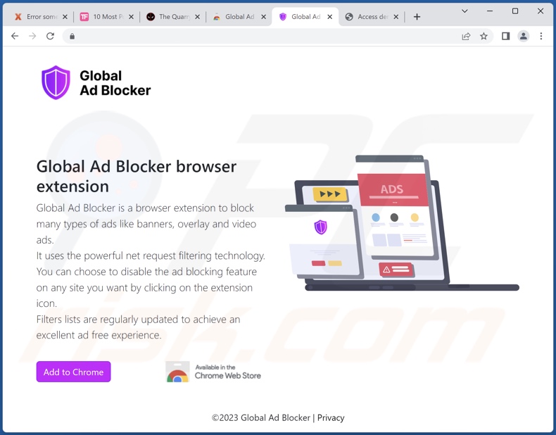 Website promoting Global Ad Blocker adware