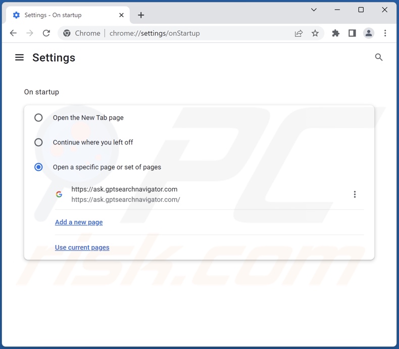 Removing ask.gptsearchnavigator.com from Google Chrome homepage