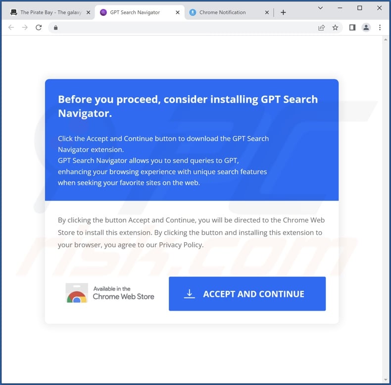 Deceptive website used to promote GPT Search Navigator browser hijacker