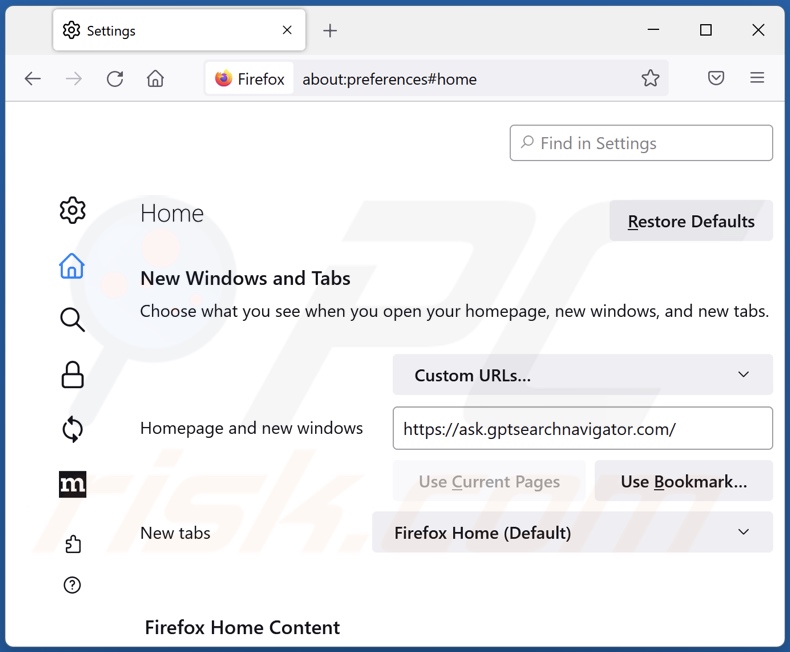 Removing ask.gptsearchnavigator.com from Mozilla Firefox homepage