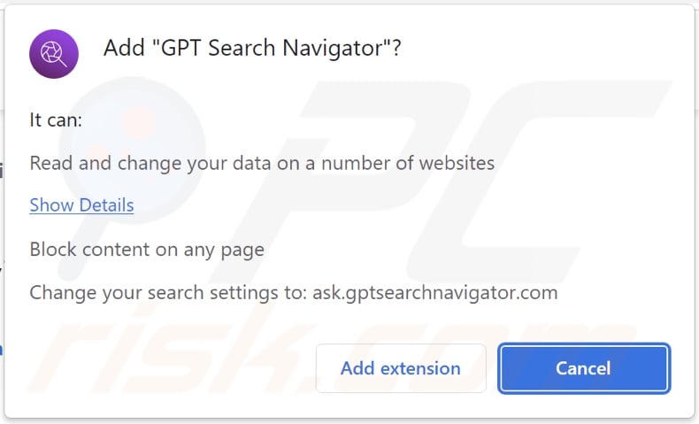 GPT Search Navigator browser hijacker asking for permissions