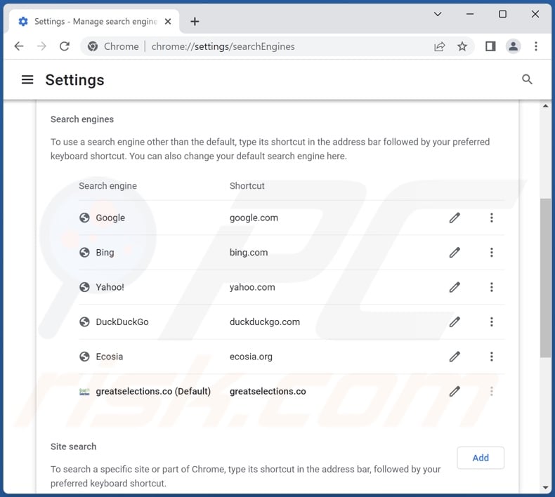 Removing greatselections.co from Google Chrome default search engine