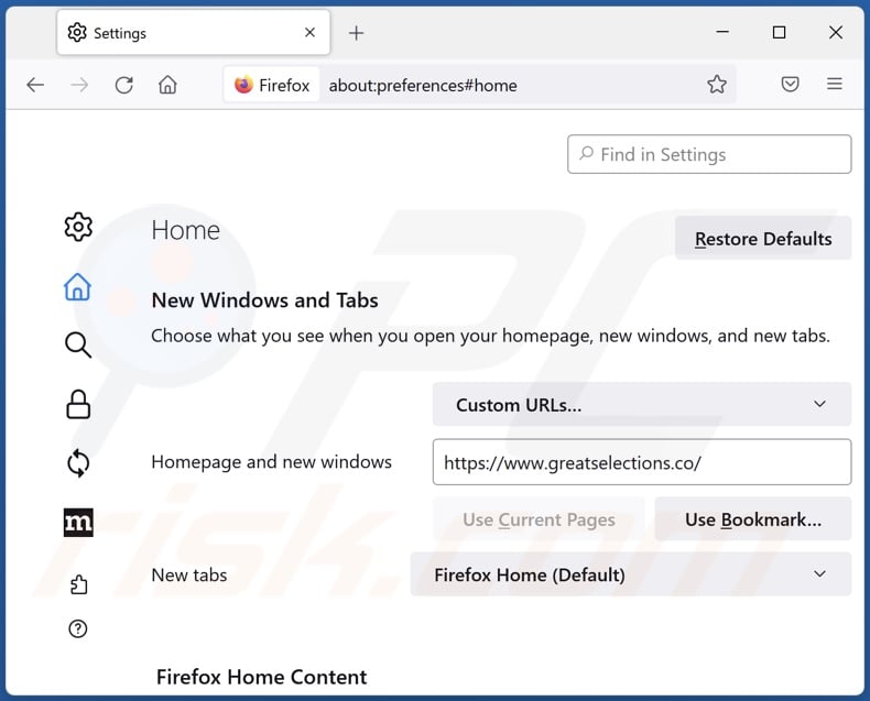 Removing greatselections.co from Mozilla Firefox homepage