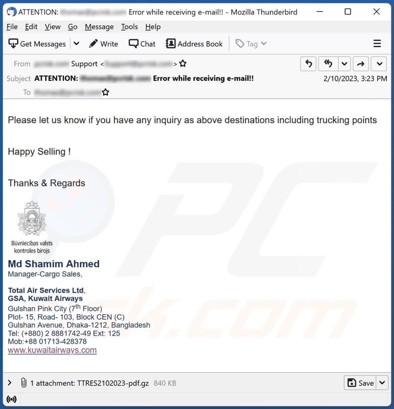 Kuwait Airways email spam campaign