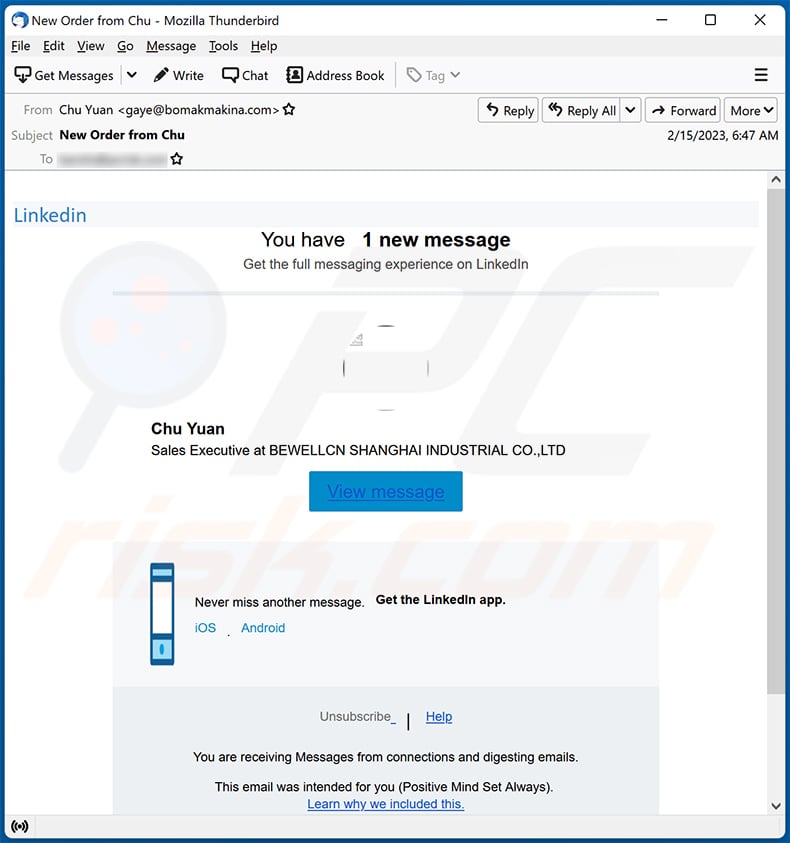 New message' email supposedly sent via LinkedIn leads to a phishing page